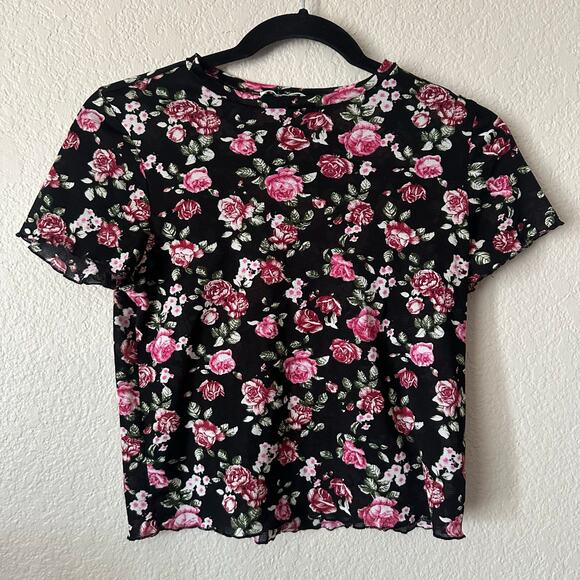 Reformation Floral Buffie Short Sleeve Crop Top Black Pink Small - Picture 2 of 4